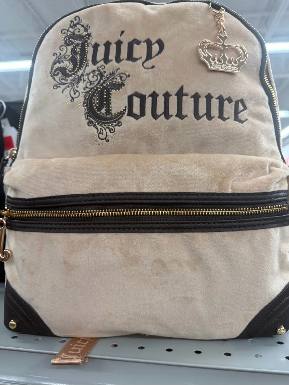 Juicy Couture Beige Pink Velvet Backpack with Black Embroidery & Gold Hardware